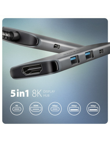Axagon Hmc-5H8K Usb 5Gbps Hub 2X Usb-A Usb-C Hdmi 8K/30Hz Pd 100W Kabel Usb-C Przewodowa Usb 3.2 Gen 1 (3.1 Gen 1) Type-C Szary