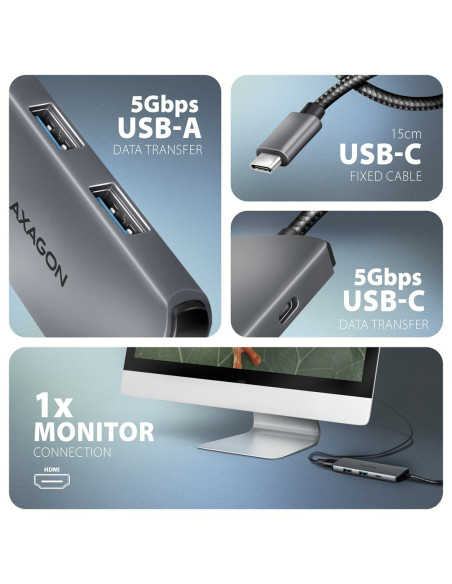 Axagon Hmc-5H8K Usb 5Gbps Hub 2X Usb-A Usb-C Hdmi 8K/30Hz Pd 100W Kabel Usb-C Przewodowa Usb 3.2 Gen 1 (3.1 Gen 1) Type-C Szary