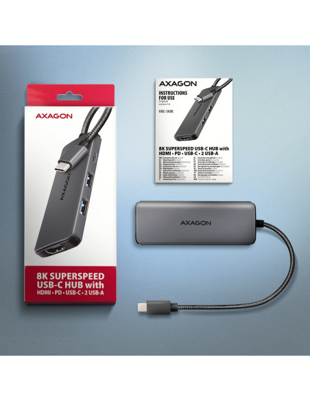 Axagon Hmc-5H8K Usb 5Gbps Hub 2X Usb-A Usb-C Hdmi 8K/30Hz Pd 100W Kabel Usb-C Przewodowa Usb 3.2 Gen 1 (3.1 Gen 1) Type-C Szary