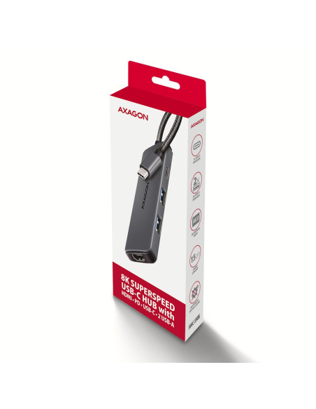 Axagon Hmc-5H8K Usb 5Gbps Hub 2X Usb-A Usb-C Hdmi 8K/30Hz Pd 100W Kabel Usb-C Przewodowa Usb 3.2 Gen 1 (3.1 Gen 1) Type-C Szary