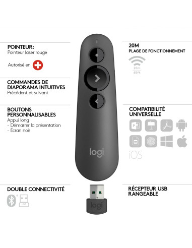 Wskaźnik Laserowy Logitech R500S (910-005843) Pilot Bezprzewodowy Bluetooth/Rf Grafitowy