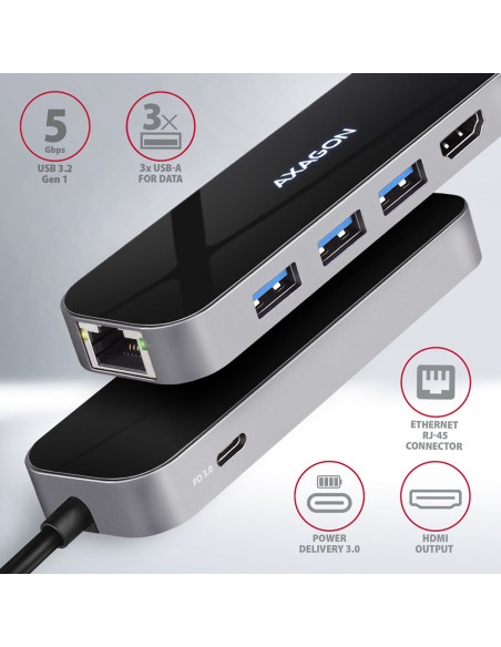 Axagon Hmc-6Gl Stacja Dokująca Usb 3.2 Gen 1 (3.1 Gen 1) Type-C Czarny, Szary