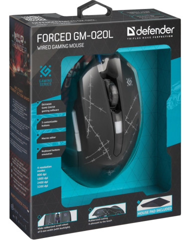 Defender Mysz Przewodowa Forced Gm-020L 800/1800/2400/3200 Dpi 6P + Podkładka + Gra 52020