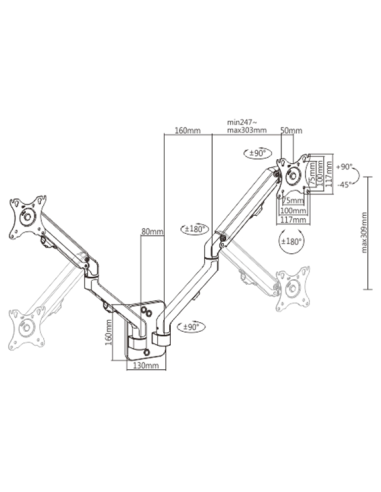 Gembird Regulowane Ramię Na 2 Monitory Do Montażu Na Ścianie 17-27, 100X100Mm, Do 7 Kg