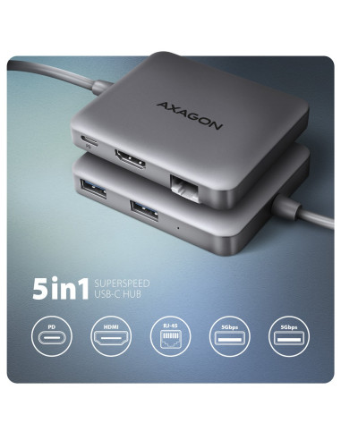 Axagon N Hmc-5Hl Usb 5Gbps Hub 2X Usb-A Hdmi 4K/60Hz Rj-45 Glan Pd 100W Kabel Usb-C Przewodowa Usb 3.2 Gen 1 (3.1 Gen 1) Type-C 
