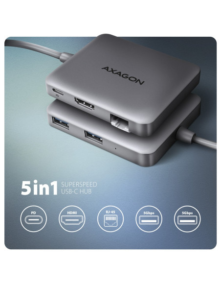 Axagon N Hmc-5Hl Usb 5Gbps Hub 2X Usb-A Hdmi 4K/60Hz Rj-45 Glan Pd 100W Kabel Usb-C Przewodowa Usb 3.2 Gen 1 (3.1 Gen 1) Type-C 