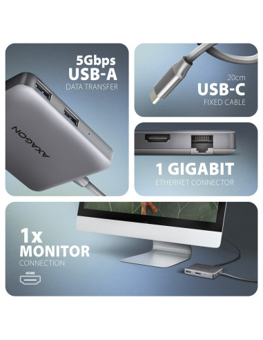 Axagon N Hmc-5Hl Usb 5Gbps Hub 2X Usb-A Hdmi 4K/60Hz Rj-45 Glan Pd 100W Kabel Usb-C Przewodowa Usb 3.2 Gen 1 (3.1 Gen 1) Type-C 