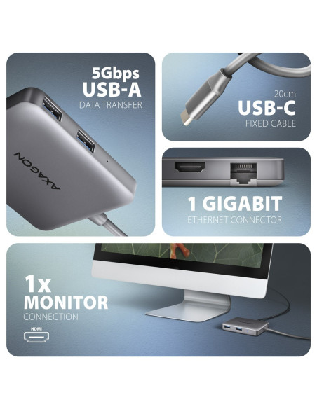 Axagon N Hmc-5Hl Usb 5Gbps Hub 2X Usb-A Hdmi 4K/60Hz Rj-45 Glan Pd 100W Kabel Usb-C Przewodowa Usb 3.2 Gen 1 (3.1 Gen 1) Type-C 