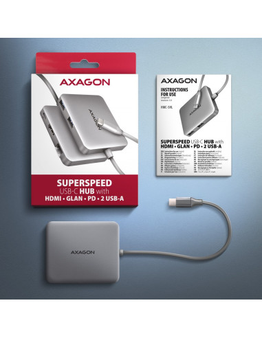 Axagon N Hmc-5Hl Usb 5Gbps Hub 2X Usb-A Hdmi 4K/60Hz Rj-45 Glan Pd 100W Kabel Usb-C Przewodowa Usb 3.2 Gen 1 (3.1 Gen 1) Type-C 