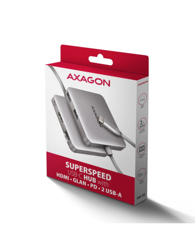 Axagon N Hmc-5Hl Usb 5Gbps Hub 2X Usb-A Hdmi 4K/60Hz Rj-45 Glan Pd 100W Kabel Usb-C Przewodowa Usb 3.2 Gen 1 (3.1 Gen 1) Type-C 