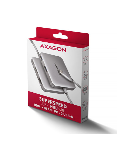 Axagon N Hmc-5Hl Usb 5Gbps Hub 2X Usb-A Hdmi 4K/60Hz Rj-45 Glan Pd 100W Kabel Usb-C Przewodowa Usb 3.2 Gen 1 (3.1 Gen 1) Type-C 