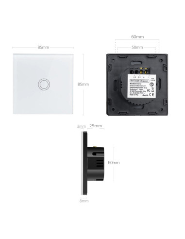 Maclean Dotykowy Włącznik Światła, Pojedyńczy, Szklany, Biały Z Okrągłym Przyciskiem Wymiary 86X86Mm Mce702W