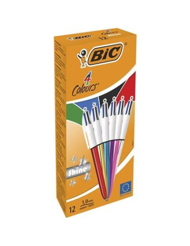 Bic 4 Colours Shine Czarny, Niebieski, Zielony, Czerwony Przyciskany Długopis Średni 12 Szt.