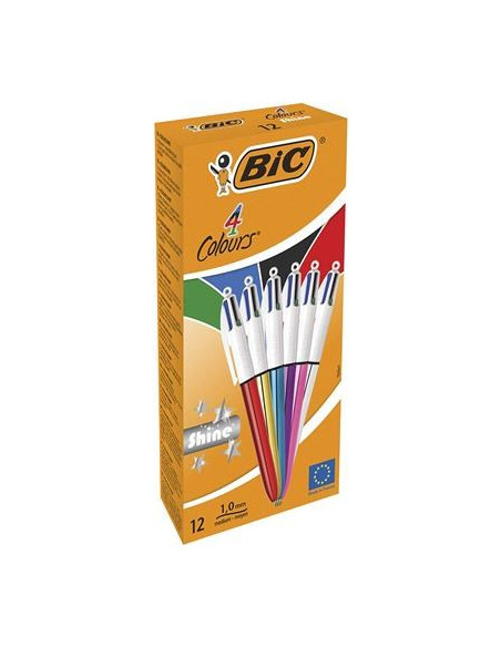 Bic 4 Colours Shine Czarny, Niebieski, Zielony, Czerwony Przyciskany Długopis Średni 12 Szt.