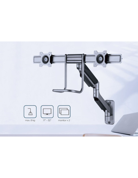 Gembird Ścienne Regulowane Ramię/Uchwyt Na 2 Monitory 17-32, Vesa 100X100Mm, Do 8 Kg