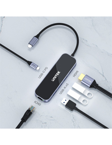 Unitek Hub Usb-C 3.1, Rj-45,3Xusb-A,Hdmi,4K,Pd100W