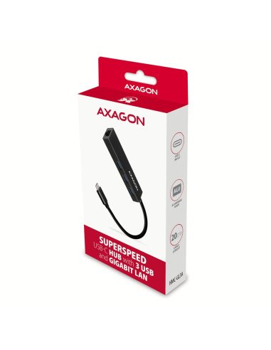 Axagon Hmc-Gl3A Usb-C-Hub 3X Usb-A Gbit-Lan Schwarz Usb 3.2 Gen 1 (3.1 Gen 1) Type-C 5000 Mbit/S Czarny