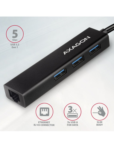 Axagon Hmc-Gl3A Usb-C-Hub 3X Usb-A Gbit-Lan Schwarz Usb 3.2 Gen 1 (3.1 Gen 1) Type-C 5000 Mbit/S Czarny