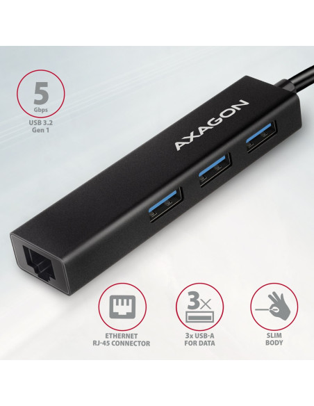 Axagon Hmc-Gl3A Usb-C-Hub 3X Usb-A Gbit-Lan Schwarz Usb 3.2 Gen 1 (3.1 Gen 1) Type-C 5000 Mbit/S Czarny
