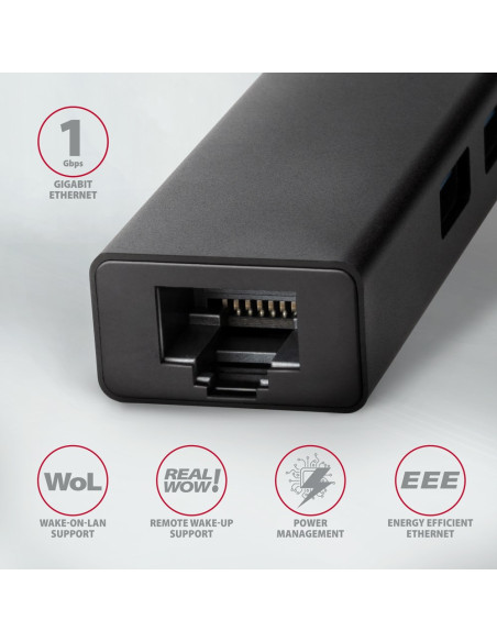 Axagon Hmc-Gl3A Usb-C-Hub 3X Usb-A Gbit-Lan Schwarz Usb 3.2 Gen 1 (3.1 Gen 1) Type-C 5000 Mbit/S Czarny