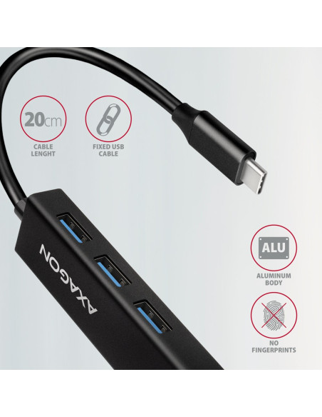 Axagon Hmc-Gl3A Usb-C-Hub 3X Usb-A Gbit-Lan Schwarz Usb 3.2 Gen 1 (3.1 Gen 1) Type-C 5000 Mbit/S Czarny