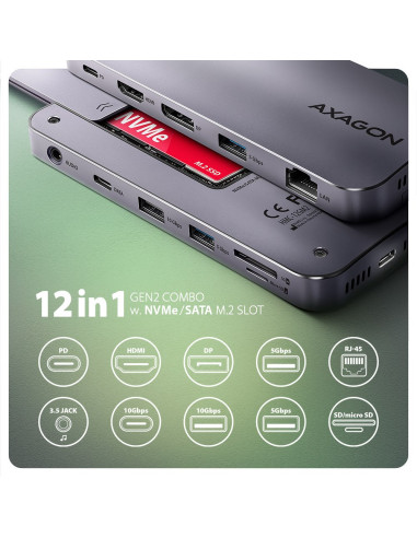 Axagon Hmc-12Gm2 Stacja Dokująca Przewodowa Usb 3.2 Gen 2 (3.1 Gen 2) Type-C Szary