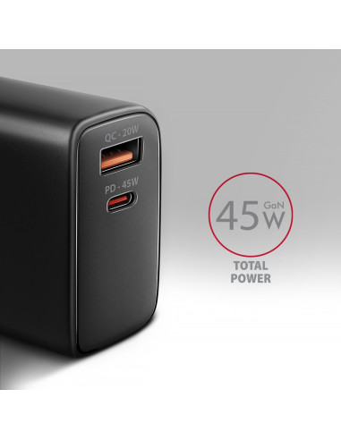 Axagon Acu-Pq45 Qc 3.0, 4.0/Afc/Fcp/Pps/Pd, 45W, Schwarz - Netzladegerät Mit Usb-A Und Usb-C Schnittstelle Telefon Komórkowy, Sm