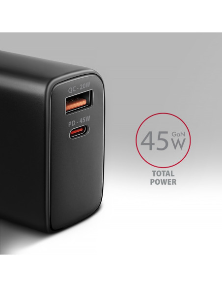 Axagon Acu-Pq45 Qc 3.0, 4.0/Afc/Fcp/Pps/Pd, 45W, Schwarz - Netzladegerät Mit Usb-A Und Usb-C Schnittstelle Telefon Komórkowy, Sm