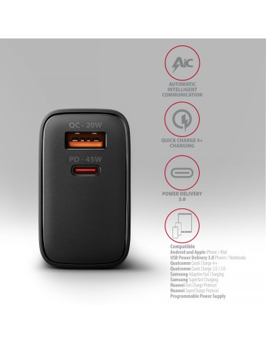 Axagon Acu-Pq45 Qc 3.0, 4.0/Afc/Fcp/Pps/Pd, 45W, Schwarz - Netzladegerät Mit Usb-A Und Usb-C Schnittstelle Telefon Komórkowy, Sm