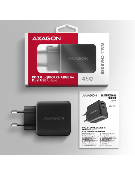 Axagon Acu-Pq45 Qc 3.0, 4.0/Afc/Fcp/Pps/Pd, 45W, Schwarz - Netzladegerät Mit Usb-A Und Usb-C Schnittstelle Telefon Komórkowy, Sm
