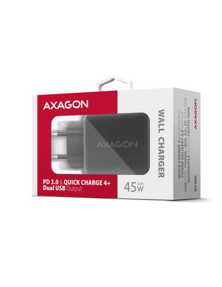 Axagon Acu-Pq45 Qc 3.0, 4.0/Afc/Fcp/Pps/Pd, 45W, Schwarz - Netzladegerät Mit Usb-A Und Usb-C Schnittstelle Telefon Komórkowy, Sm