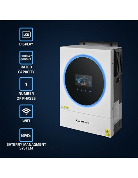 Qoltec Inwerter Solarny Off-Grid 6Kva | 6Kw | 120A | Mppt | Lcd | Wi-Fi | Bms | Sinus