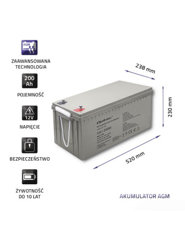Qoltec Akumulator Agm 12V | 200Ah | Max.3000A