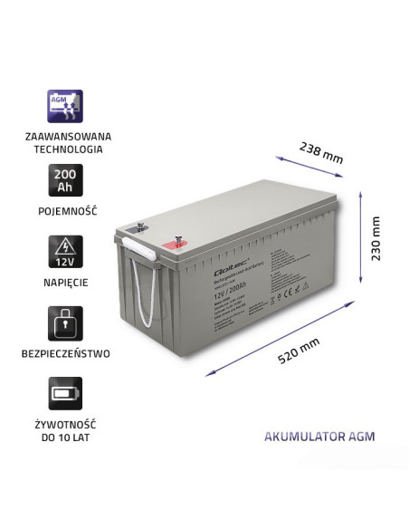 Qoltec Akumulator Agm 12V | 200Ah | Max.3000A