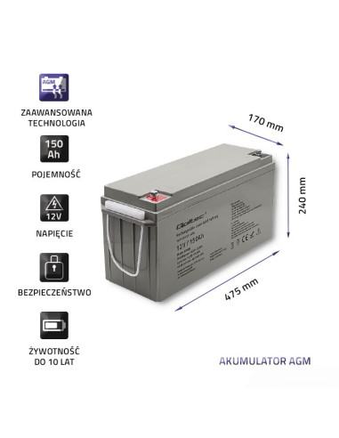 Qoltec Akumulator Agm 12V | 150Ah | Max.2250A