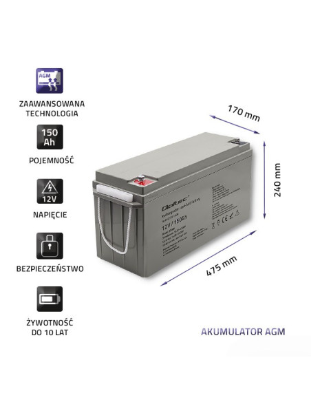 Qoltec Akumulator Agm 12V | 150Ah | Max.2250A