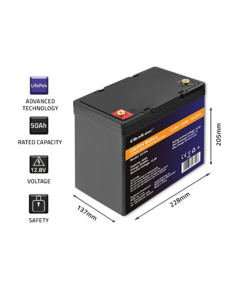 Qoltec Akumulator Lifepo4 Litowo-Żelazowo-Fosforanowy | 12.8V | 50Ah | 640Wh | Bms