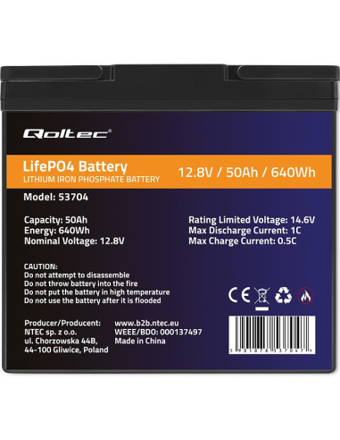 Qoltec Akumulator Lifepo4 Litowo-Żelazowo-Fosforanowy | 12.8V | 50Ah | 640Wh | Bms