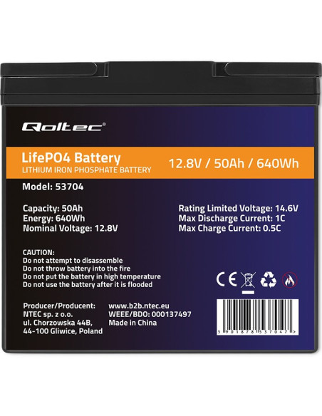 Qoltec Akumulator Lifepo4 Litowo-Żelazowo-Fosforanowy | 12.8V | 50Ah | 640Wh | Bms