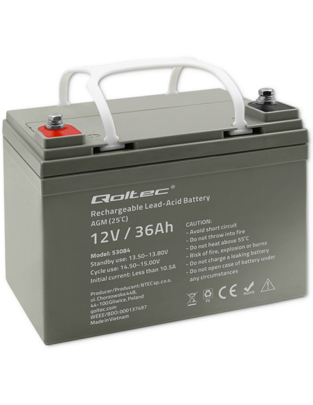Qoltec  Akumulator Agm | 12V | 36Ah | Bezobsługowy | Wydajny | Longlife | Do Ups, Skutera