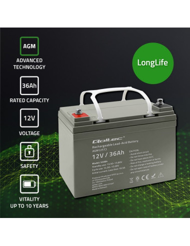 Qoltec  Akumulator Agm | 12V | 36Ah | Bezobsługowy | Wydajny | Longlife | Do Ups, Skutera