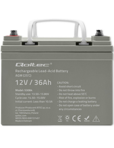 Qoltec  Akumulator Agm | 12V | 36Ah | Bezobsługowy | Wydajny | Longlife | Do Ups, Skutera