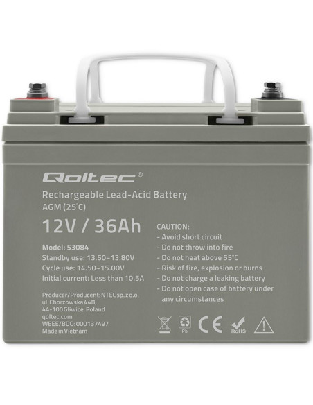 Qoltec  Akumulator Agm | 12V | 36Ah | Bezobsługowy | Wydajny | Longlife | Do Ups, Skutera