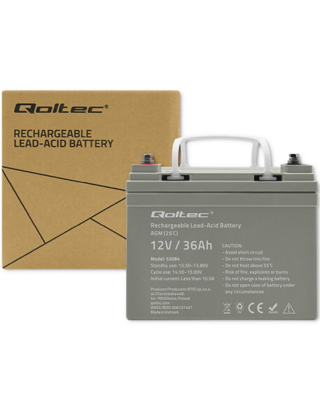 Qoltec  Akumulator Agm | 12V | 36Ah | Bezobsługowy | Wydajny | Longlife | Do Ups, Skutera