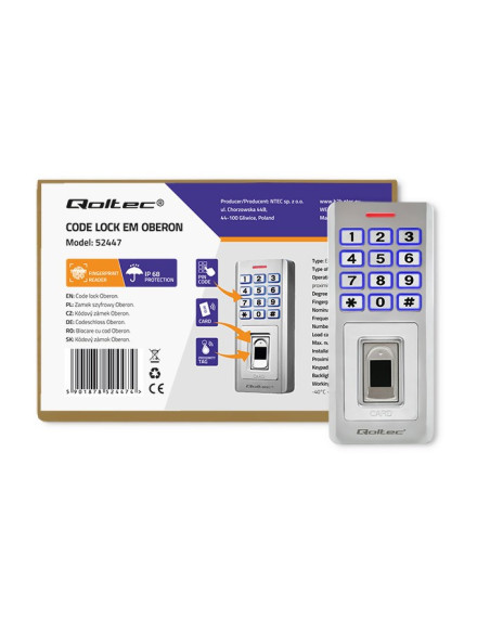 Qoltec Zamek Szyfrowy Oberon Z Czytnikiem Linii Papilarnych | Rfid | Kod | Karta | Brelok | Dzwonek | Ip68 | Em