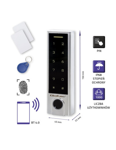 Qoltec Zamek Szyfrowy Dotykowy Titan Z Czytnikiem Linii Papilarnych | Rfid | Bt 4.0 | Kod | Karta | Brelok | Dzwanek | Ip68