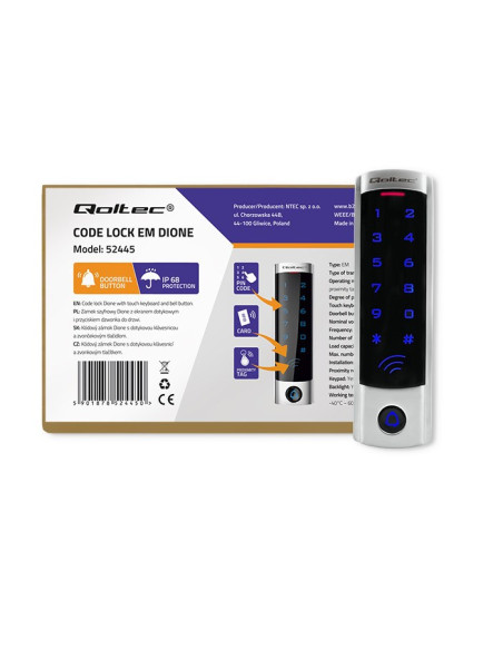 Qoltec Zamek Szyfrowy Dione Z Czytnikiem Rfid | Kod | Karta | Brelok | Dzwonek | Ip68 | Em | Slim