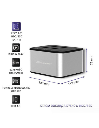 Qoltec Stacja Dokująca Dysków 2Xhdd/Ssd 2.5"/3.5" Sata | Usb 3.0 | Klonowanie