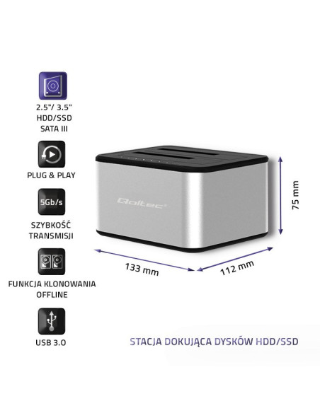Qoltec Stacja Dokująca Dysków 2Xhdd/Ssd 2.5"/3.5" Sata | Usb 3.0 | Klonowanie