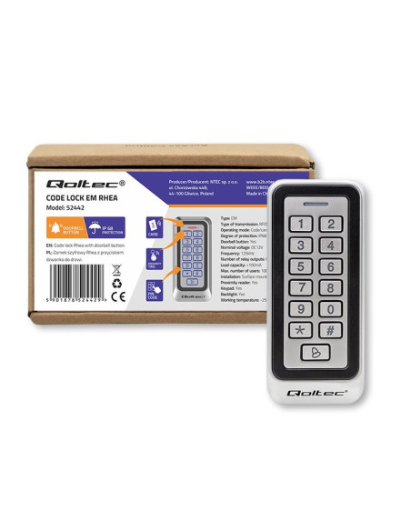 Qoltec Zamek Szyfrowy Rhea Z Czytnikiem Rfid | Kod | Karta | Brelok | Dzwonek | Ip68 | Em